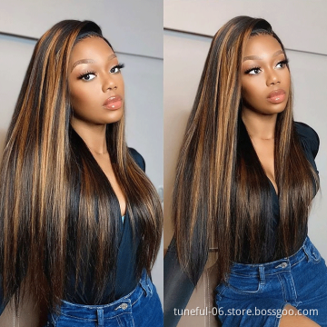 Natrual Black Blonde Highlights Wig Mix Color Deep Wave Curly Pre Plucked HD Transparent Lace Front Raw Virgin Human Hair Wigs